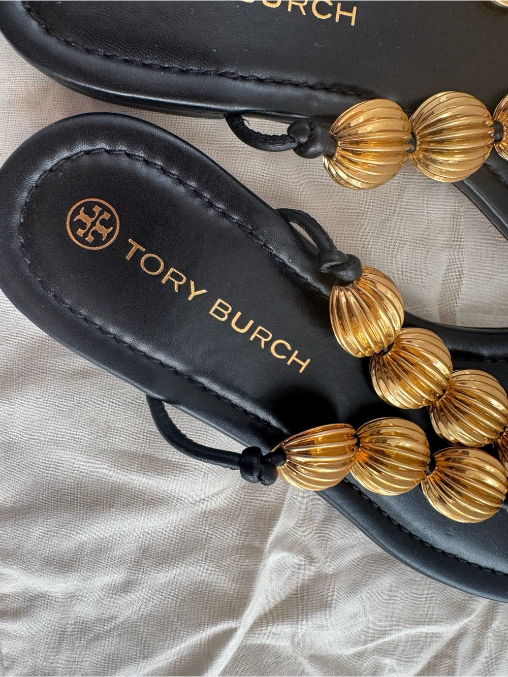 Tory Burch Black Leather Thong Sandals with Gold Button Beads - Picture 2 of 4